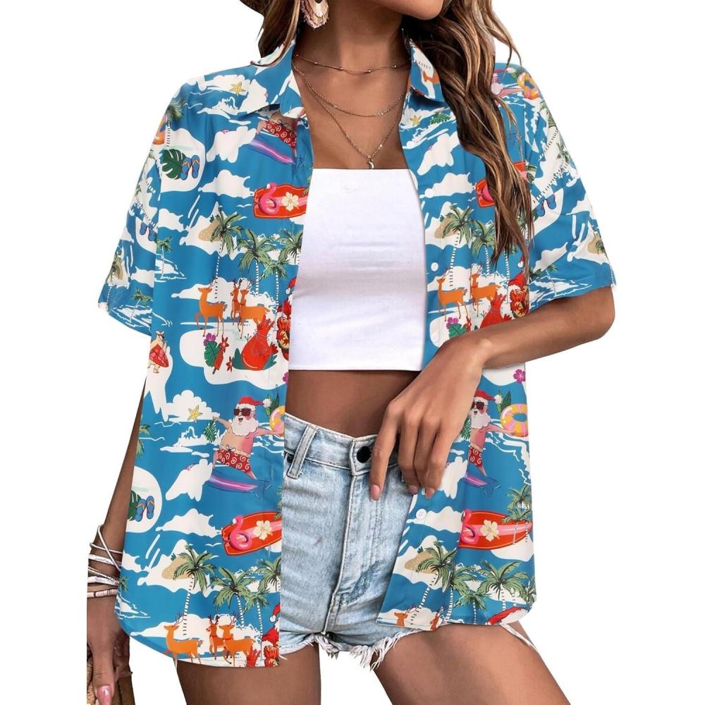 imageZeagoo Hawaiian Shirts for Women Tropical Floral Button Down Short Sleeve Blouses Summer Beach Shirt Vacation TopsZblue Christmas