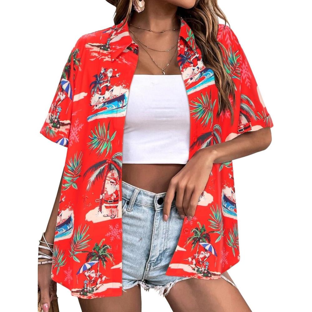 imageZeagoo Hawaiian Shirts for Women Tropical Floral Button Down Short Sleeve Blouses Summer Beach Shirt Vacation TopsZred Christmas Hawaiian