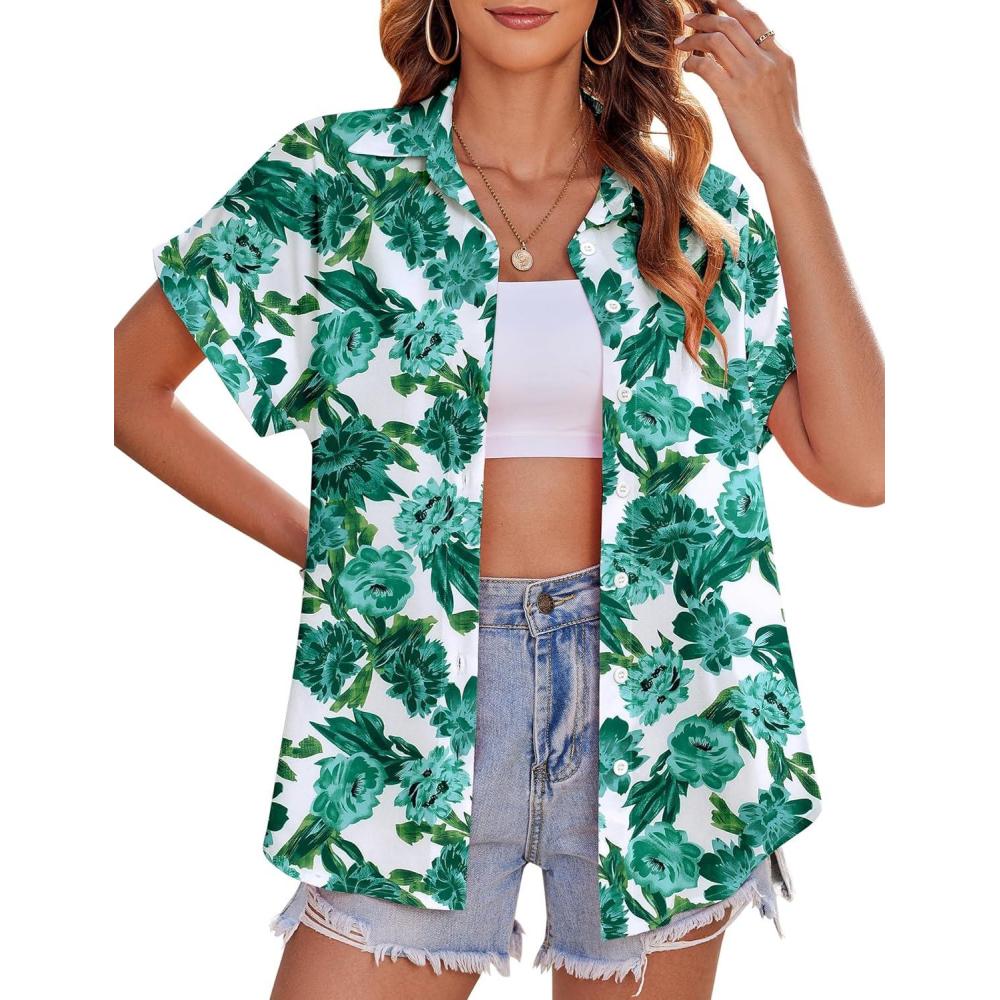 imageZeagoo Ladies Button Down Shirts Short Sleeve Hawaiian Top V Neck Boho Leaf Print Summer Outfit Blouses