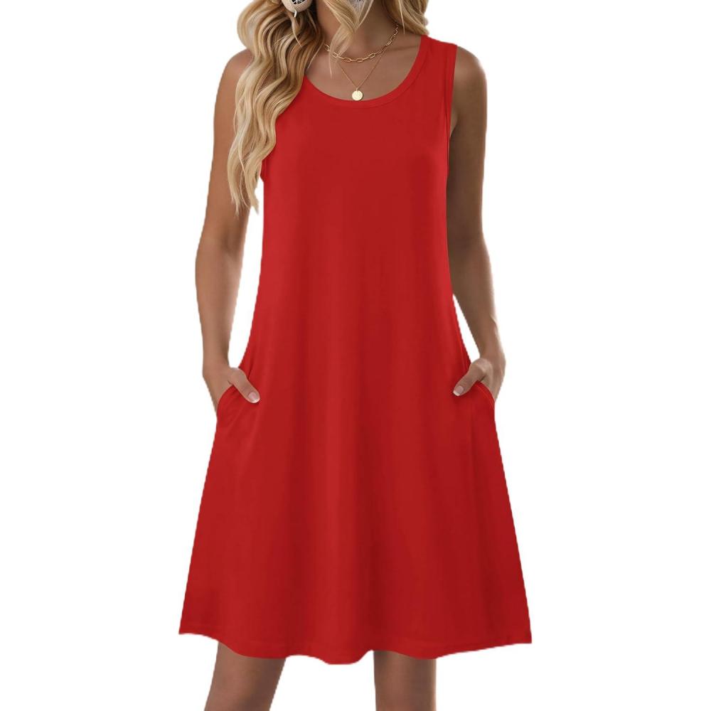 imageZeagoo Summer Dresses for Women 2026 Sleeveless Casual Floral Tshirt Sundress with Pockets Loose Tank Beach DressRed