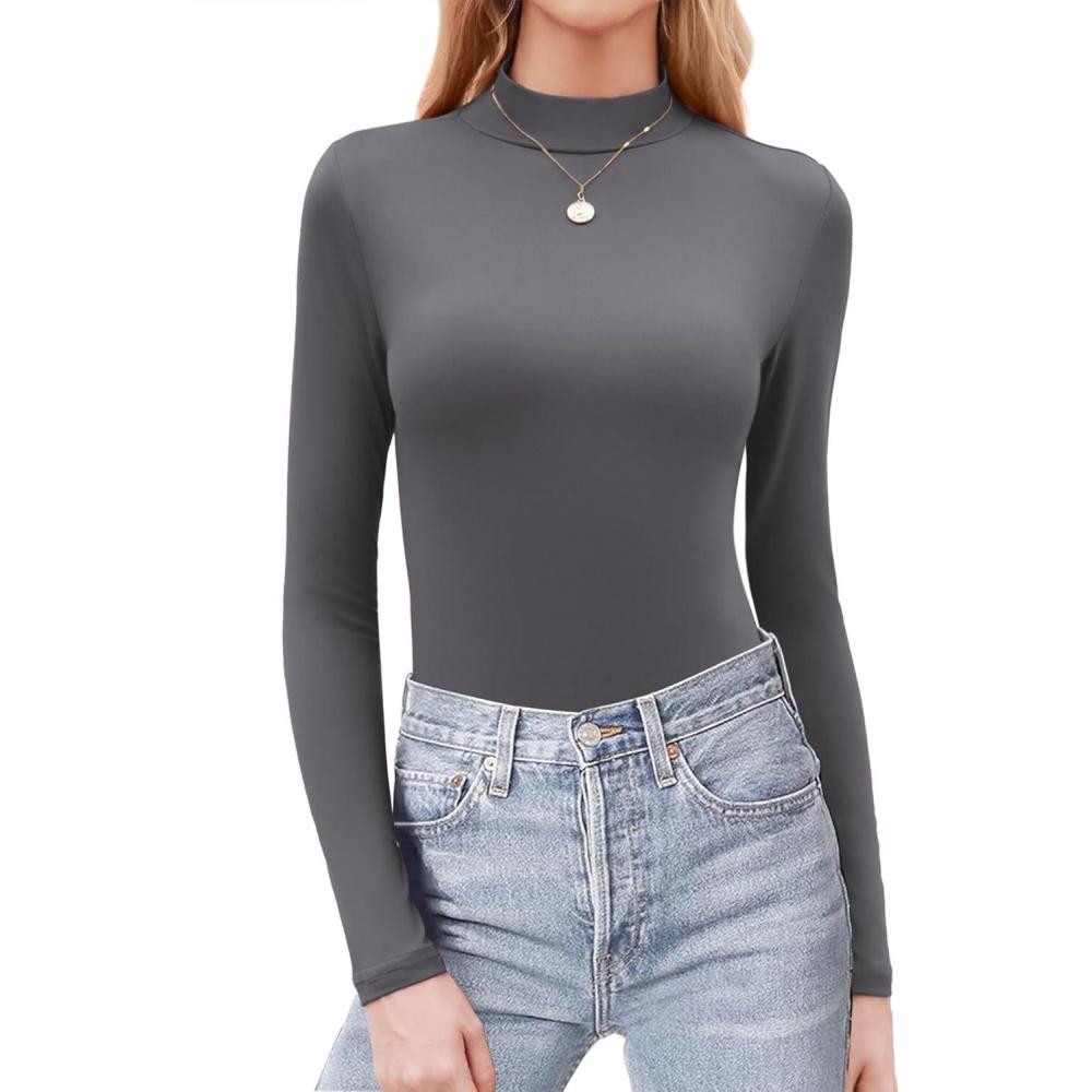 imageZeagoo Womens Long Sleeve Shirts Mock Neck Basic Slim Fitted Tops Lightweight Stretch Base Layer TShirtDark Grey