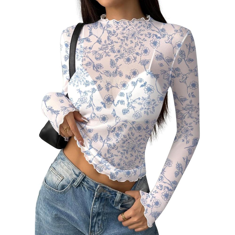 imageZeagoo Womens Mesh Long Sleeve Tops Mock Neck Going Out See Through Shirts Sexy Sheer Blouses Clubwear SXXLSf327