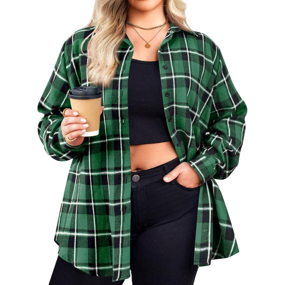 imageZeagoo Womens Plus Size Flannel Shirts Plaid Shirts Long Sleeves Casual Button Down Collared Shacket TopsAgreen