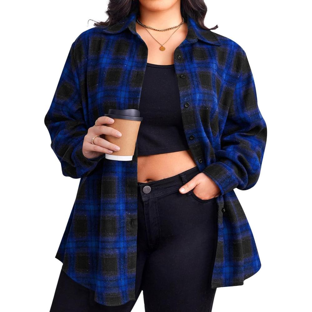 imageZeagoo Womens Plus Size Flannel Shirts Plaid Shirts Long Sleeves Casual Button Down Collared Shacket TopsBblue