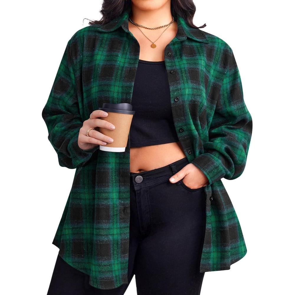imageZeagoo Womens Plus Size Flannel Shirts Plaid Shirts Long Sleeves Casual Button Down Collared Shacket TopsBgreen