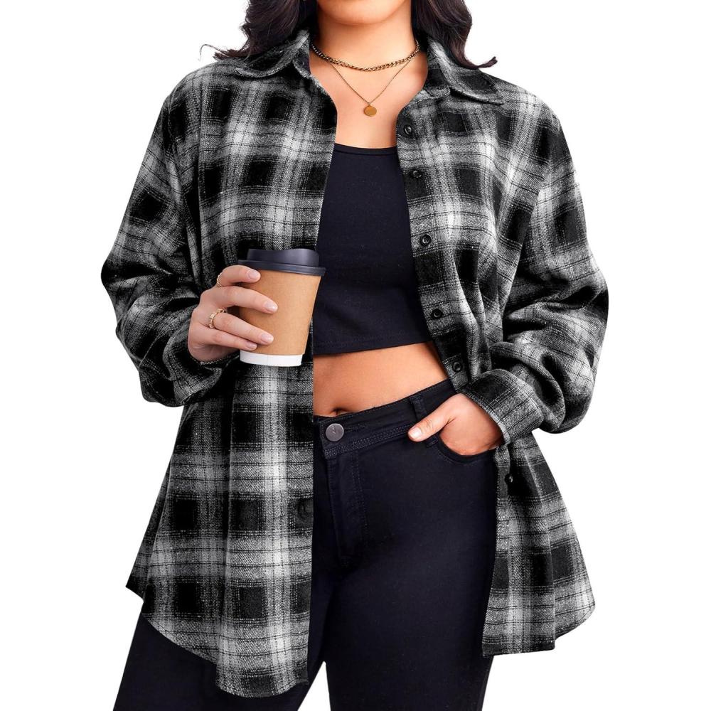 imageZeagoo Womens Plus Size Flannel Shirts Plaid Shirts Long Sleeves Casual Button Down Collared Shacket TopsBlack