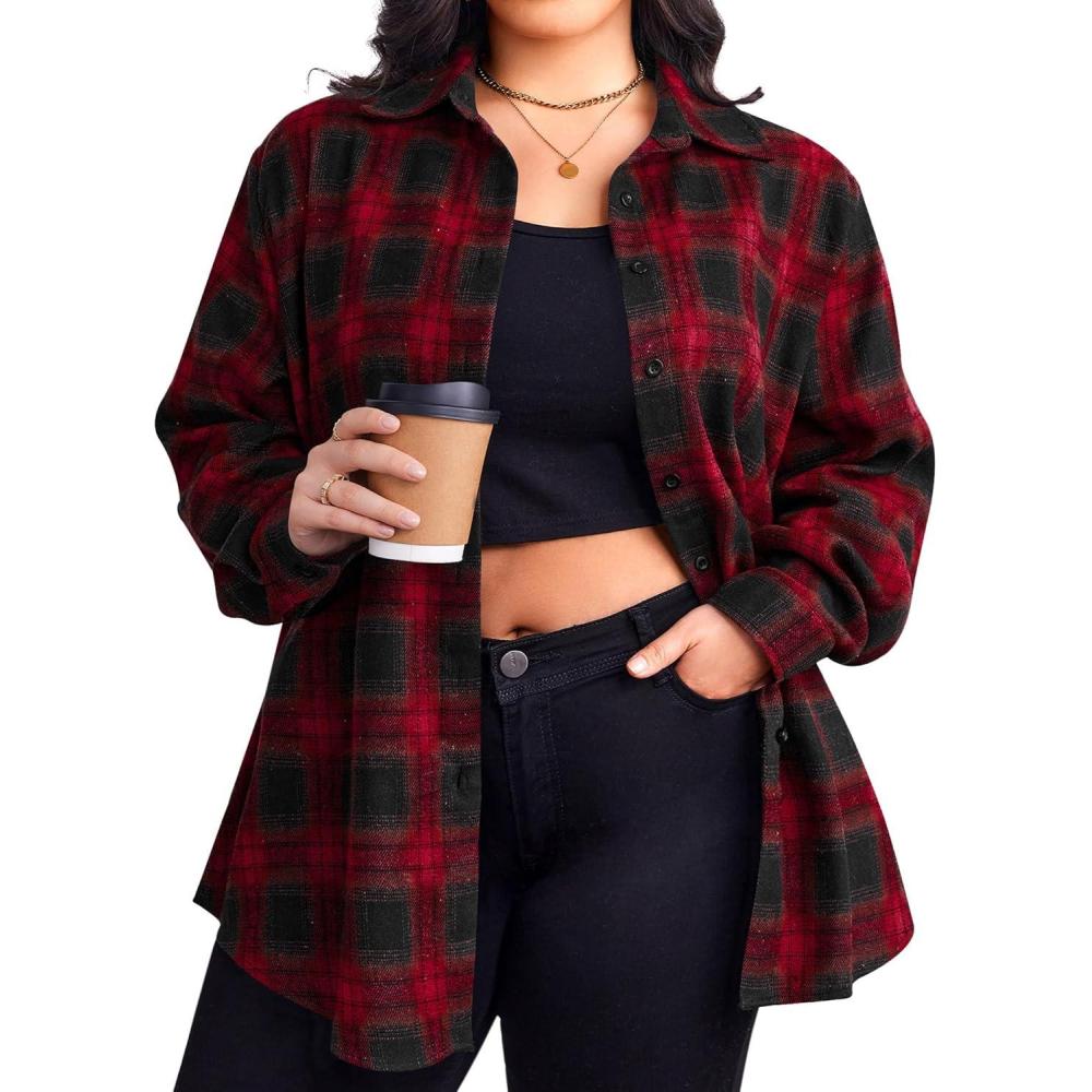 imageZeagoo Womens Plus Size Flannel Shirts Plaid Shirts Long Sleeves Casual Button Down Collared Shacket TopsBred