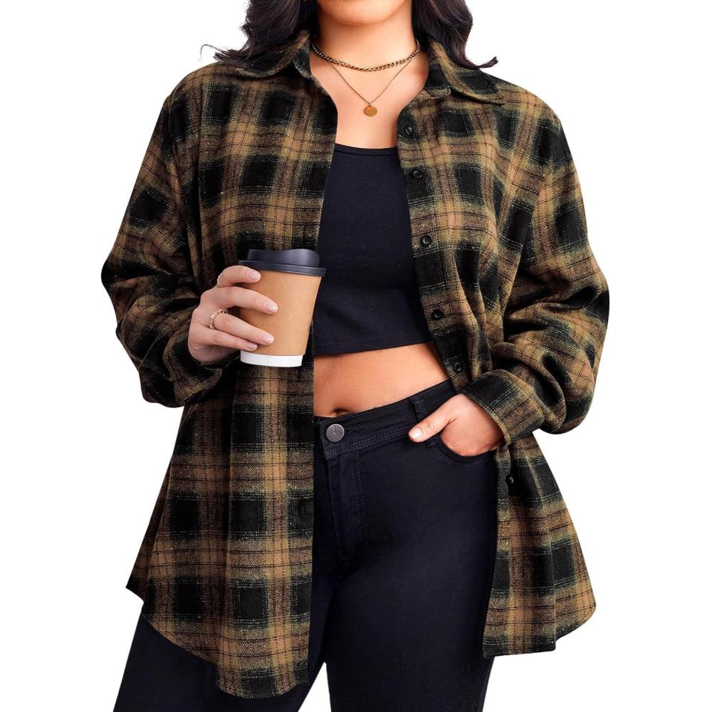imageZeagoo Womens Plus Size Flannel Shirts Plaid Shirts Long Sleeves Casual Button Down Collared Shacket TopsByellow