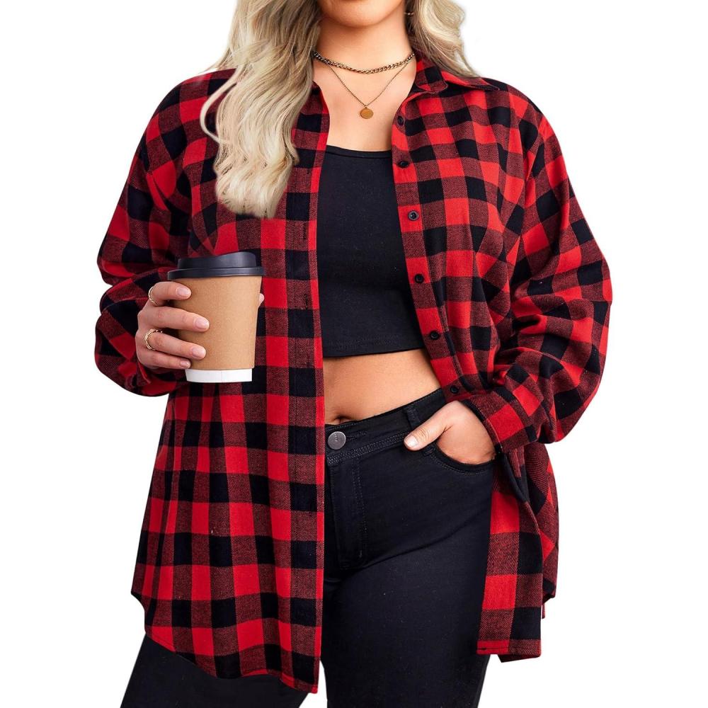 imageZeagoo Womens Plus Size Flannel Shirts Plaid Shirts Long Sleeves Casual Button Down Collared Shacket TopsCred