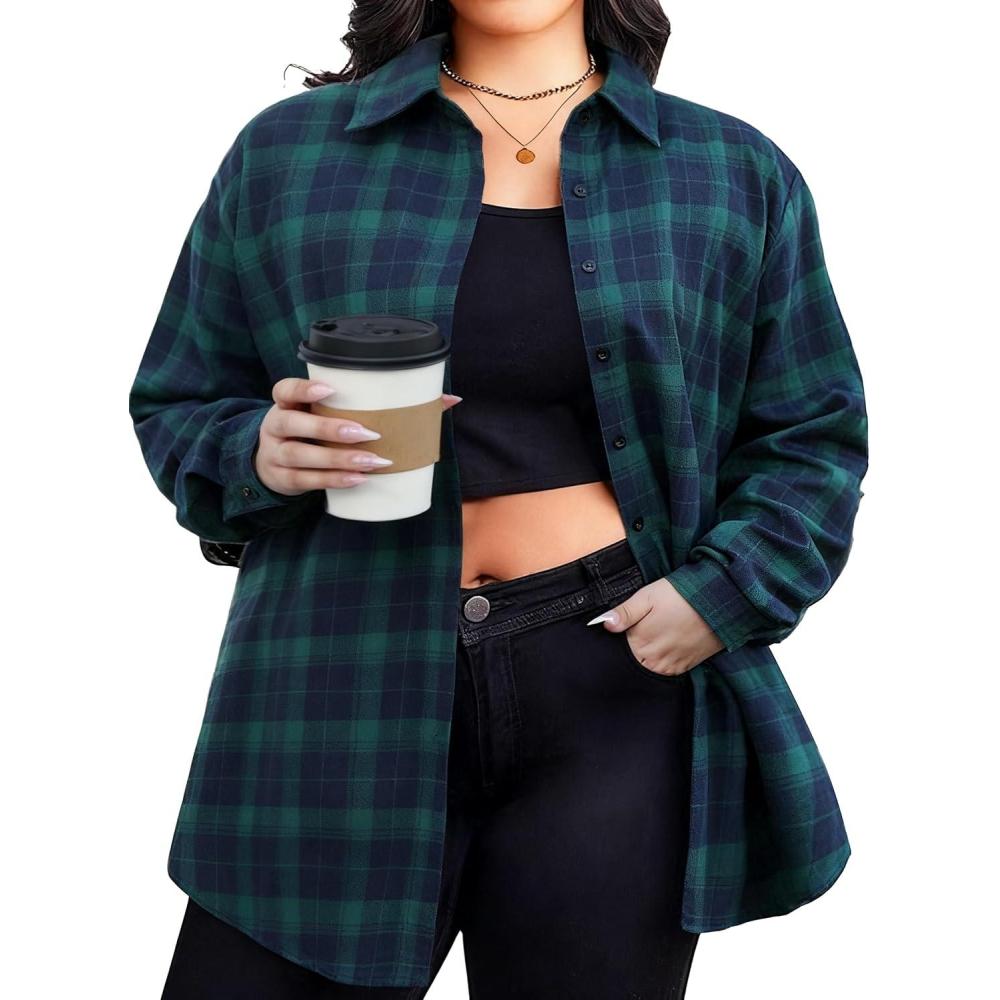 imageZeagoo Womens Plus Size Flannel Shirts Plaid Shirts Long Sleeves Casual Button Down Collared Shacket TopsGreen