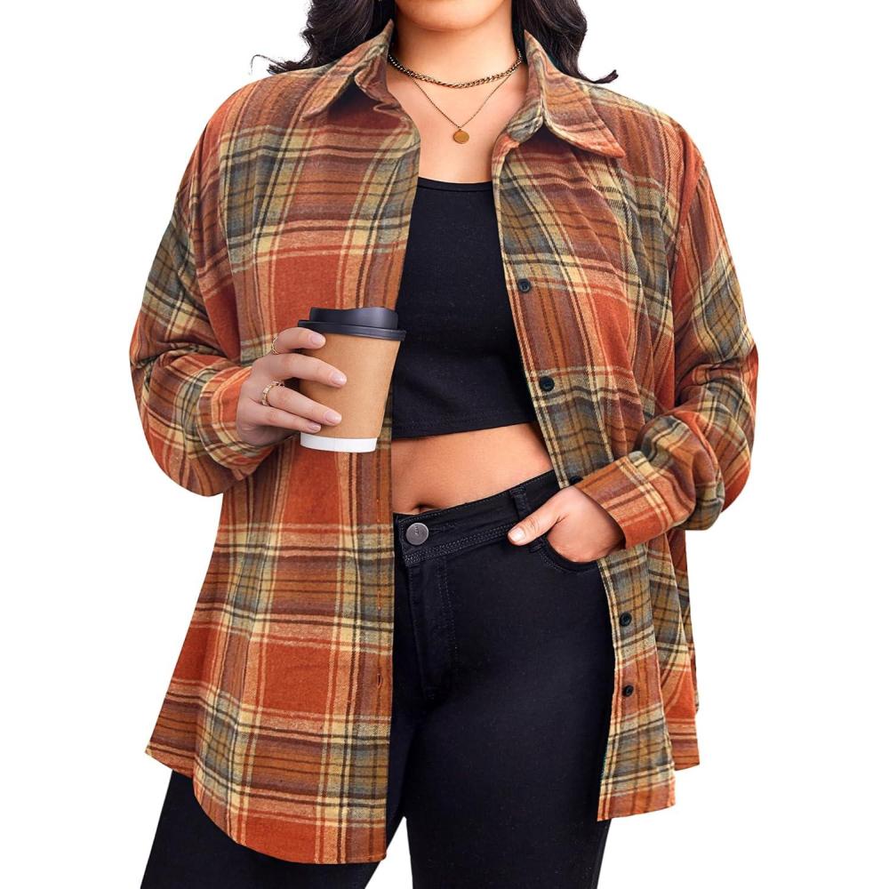 imageZeagoo Womens Plus Size Flannel Shirts Plaid Shirts Long Sleeves Casual Button Down Collared Shacket TopsOrange