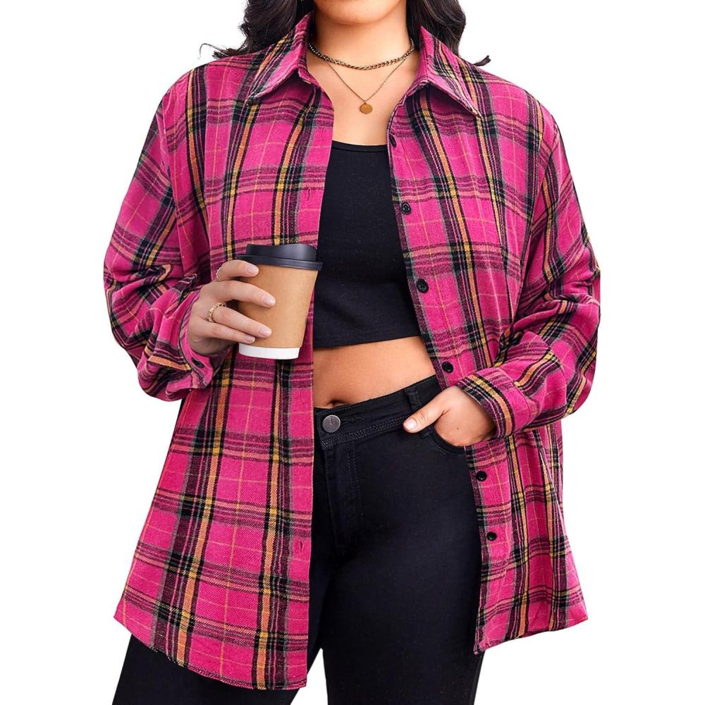 imageZeagoo Womens Plus Size Flannel Shirts Plaid Shirts Long Sleeves Casual Button Down Collared Shacket TopsRose Pink