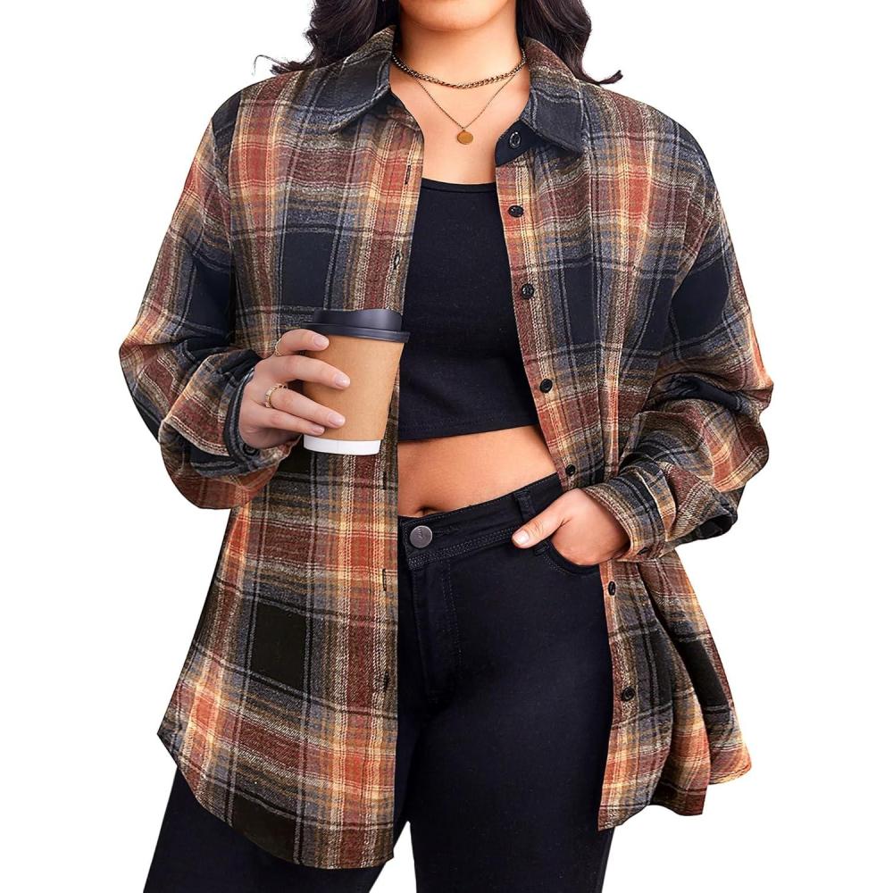 imageZeagoo Womens Plus Size Flannel Shirts Plaid Shirts Long Sleeves Casual Button Down Collared Shacket TopsSandy Brown