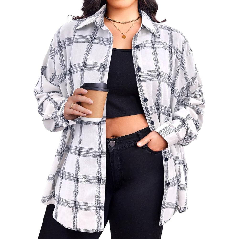 imageZeagoo Womens Plus Size Flannel Shirts Plaid Shirts Long Sleeves Casual Button Down Collared Shacket TopsWhite
