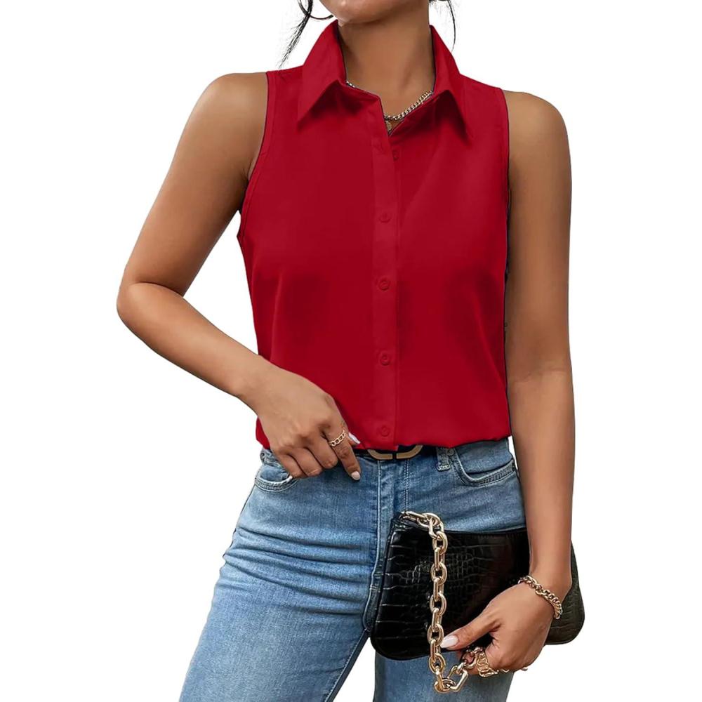 imageZeagoo Womens Sleeveless Button Down Shirts Blouses Casual Loose V Neck Tank Tops for Work SXXLRed2