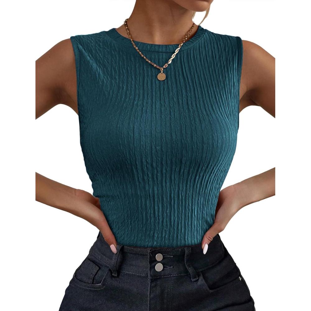 imageZeagoo Womens Sleeveless High Neck Casual Slim Basic Tank Top Fitted Knit Textured Tank Shirts Blue Green