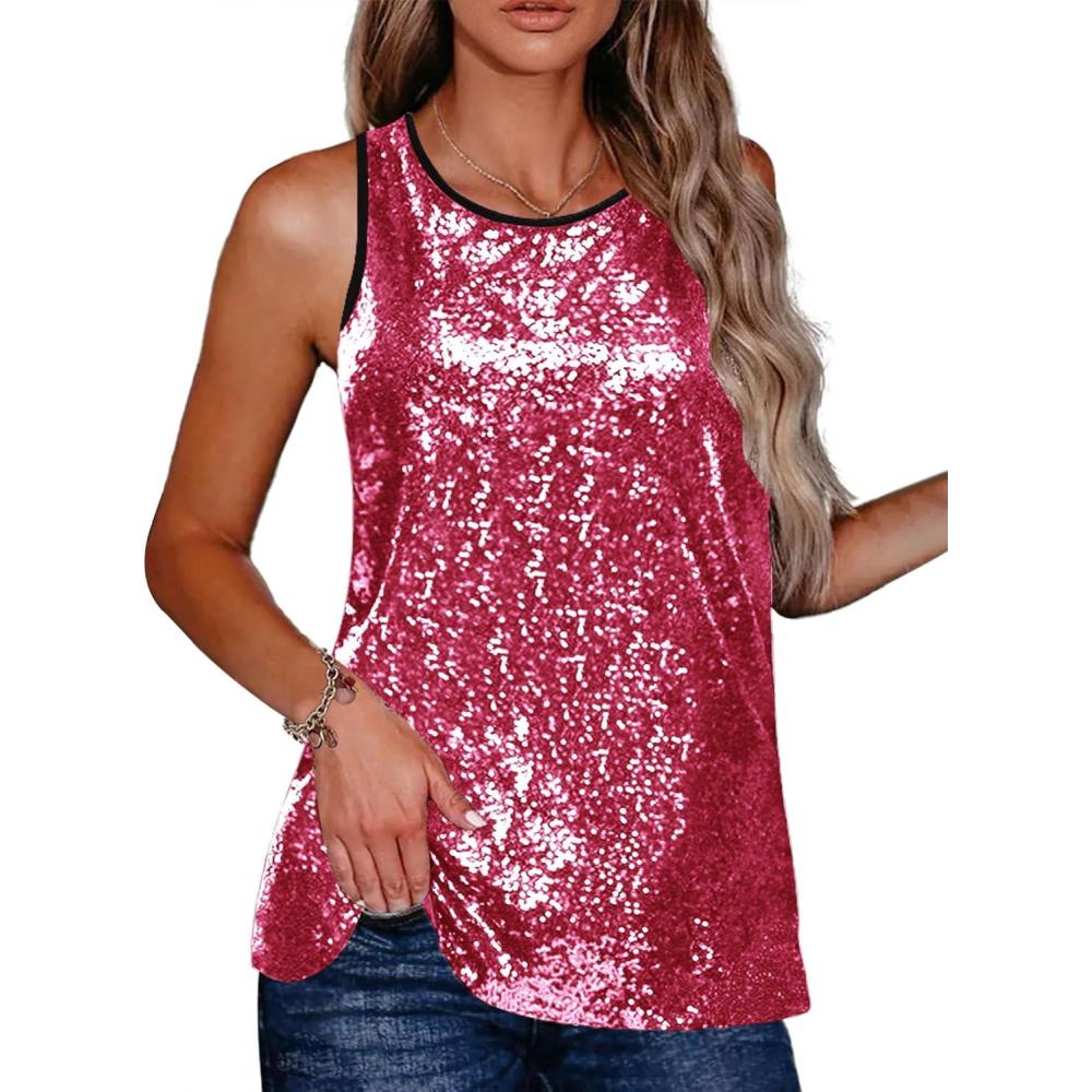 imageZeagoo Womens Sleeveless Sparkle Shimmer Camisole Vest Glitter Sequin Tank TopsRose Red