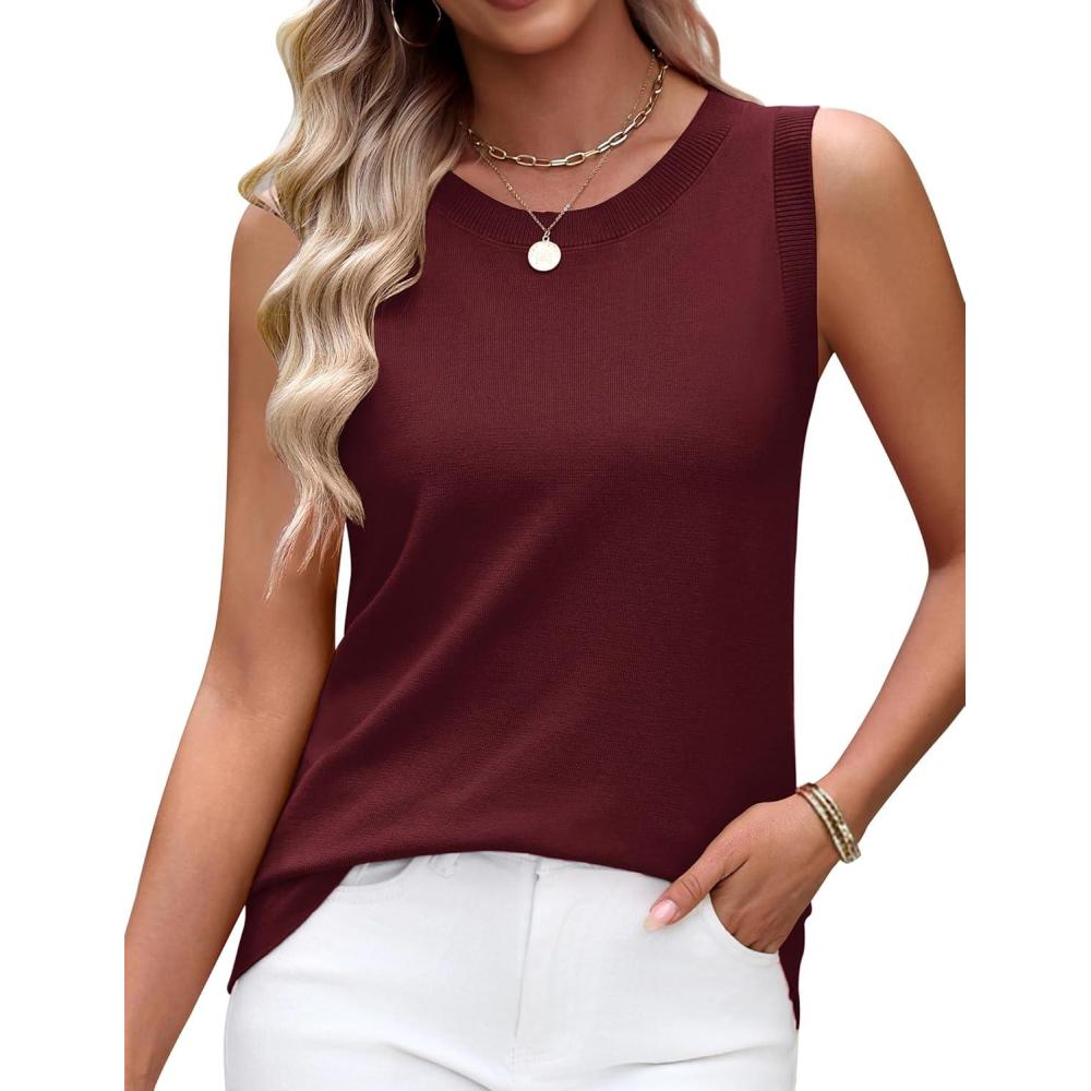 imageZeagoo Womens Sleeveless Tank Tops 2026 Summer Crew Neck Ribbed Knit Sweater Top Business Casual Work ShirtsWine Red