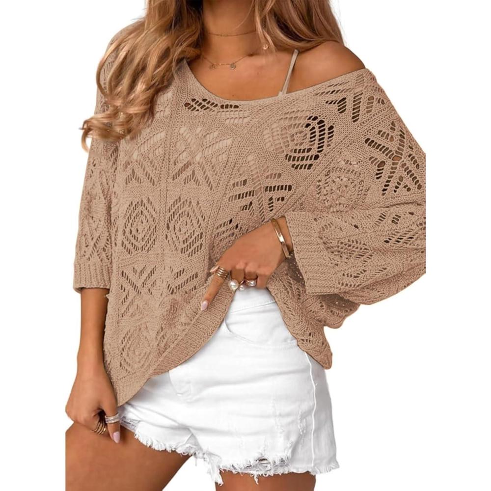 imageZeagoo Womens Summer Crochet Off the Shoulder Hollow Out Knit Tops 2026 V Neck 34 Sleeve Sweater TopCamel