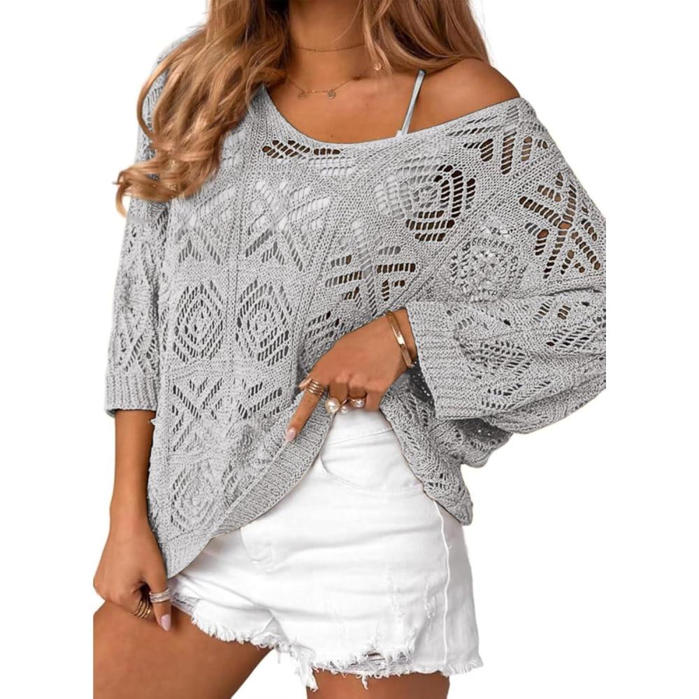 imageZeagoo Womens Summer Crochet Off the Shoulder Hollow Out Knit Tops 2026 V Neck 34 Sleeve Sweater TopGrey