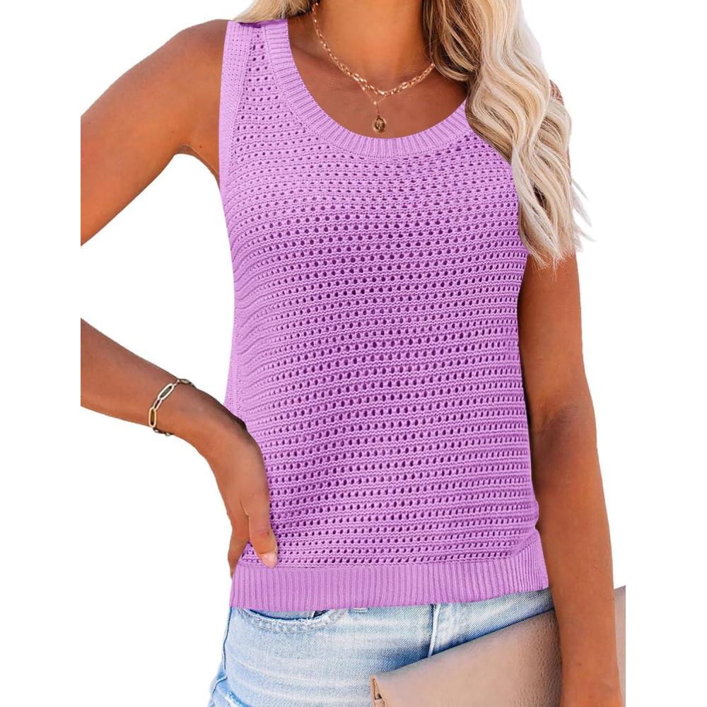 imageZeagoo Womens Summer Crochet Sleeveless Sweater Vest Round Neck Hollow Out Knit Tank Tops Casual Loose Cami TopsPurple