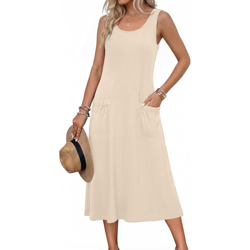 imageZeagoo Womens Summer Midi Dresses 2026 Casual Sleeveless Tank Sundresses A Line Crewneck Beach Vacation Dress with PocketsBeigewa