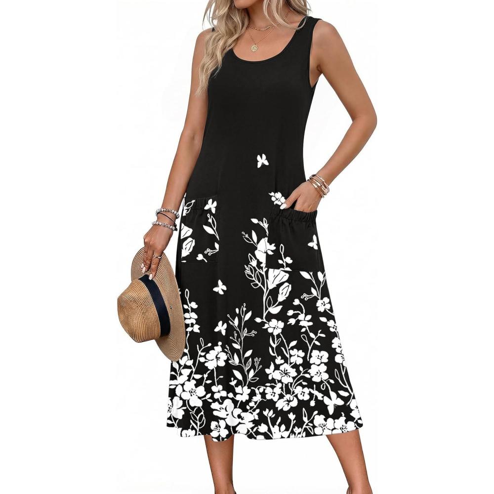imageZeagoo Womens Summer Midi Dresses 2026 Casual Sleeveless Tank Sundresses A Line Crewneck Beach Vacation Dress with PocketsBlack White Floralsf100