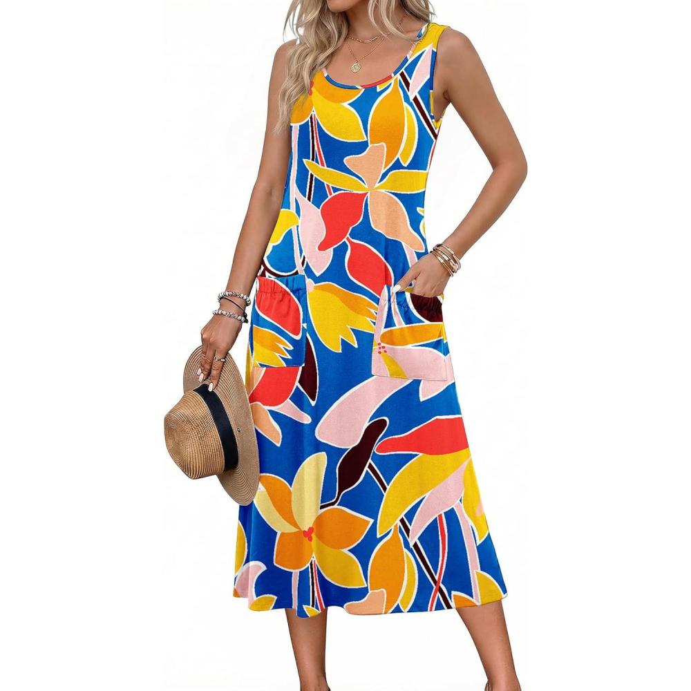imageZeagoo Womens Summer Midi Dresses 2026 Casual Sleeveless Tank Sundresses A Line Crewneck Beach Vacation Dress with PocketsBlue Floral 03dh620