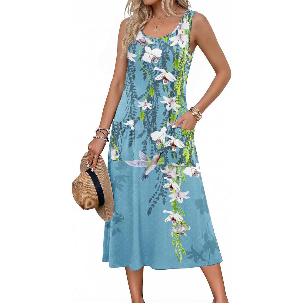 imageZeagoo Womens Summer Midi Dresses 2026 Casual Sleeveless Tank Sundresses A Line Crewneck Beach Vacation Dress with PocketsBlue Floralzw89