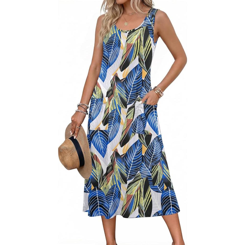 imageZeagoo Womens Summer Midi Dresses 2026 Casual Sleeveless Tank Sundresses A Line Crewneck Beach Vacation Dress with PocketsBlue Leafzw647