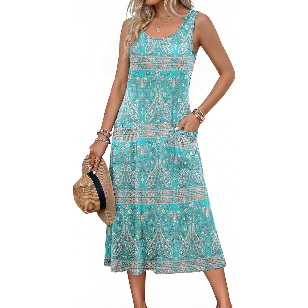 imageZeagoo Womens Summer Midi Dresses 2026 Casual Sleeveless Tank Sundresses A Line Crewneck Beach Vacation Dress with PocketsBlue Patternpa169