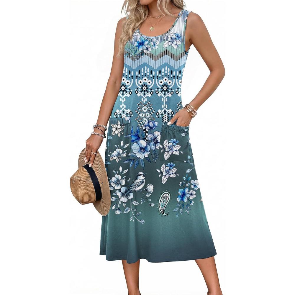 imageZeagoo Womens Summer Midi Dresses 2026 Casual Sleeveless Tank Sundresses A Line Crewneck Beach Vacation Dress with PocketsGreen Floral 02mz777