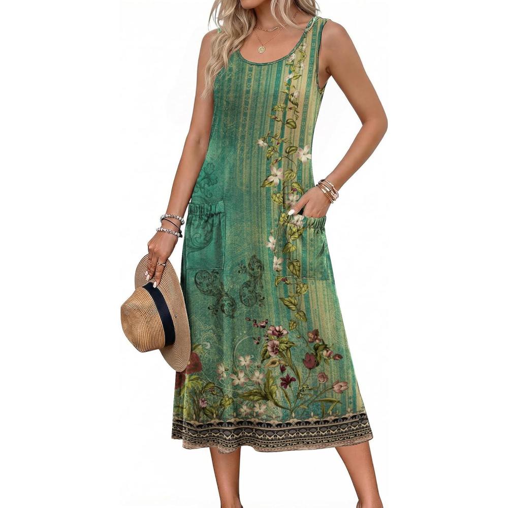 imageZeagoo Womens Summer Midi Dresses 2026 Casual Sleeveless Tank Sundresses A Line Crewneck Beach Vacation Dress with PocketsGreen Floralpa171