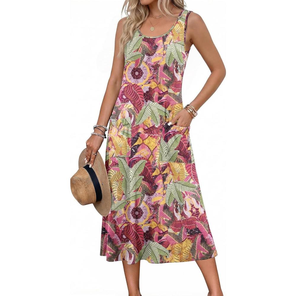 imageZeagoo Womens Summer Midi Dresses 2026 Casual Sleeveless Tank Sundresses A Line Crewneck Beach Vacation Dress with PocketsGreen Leafzw392