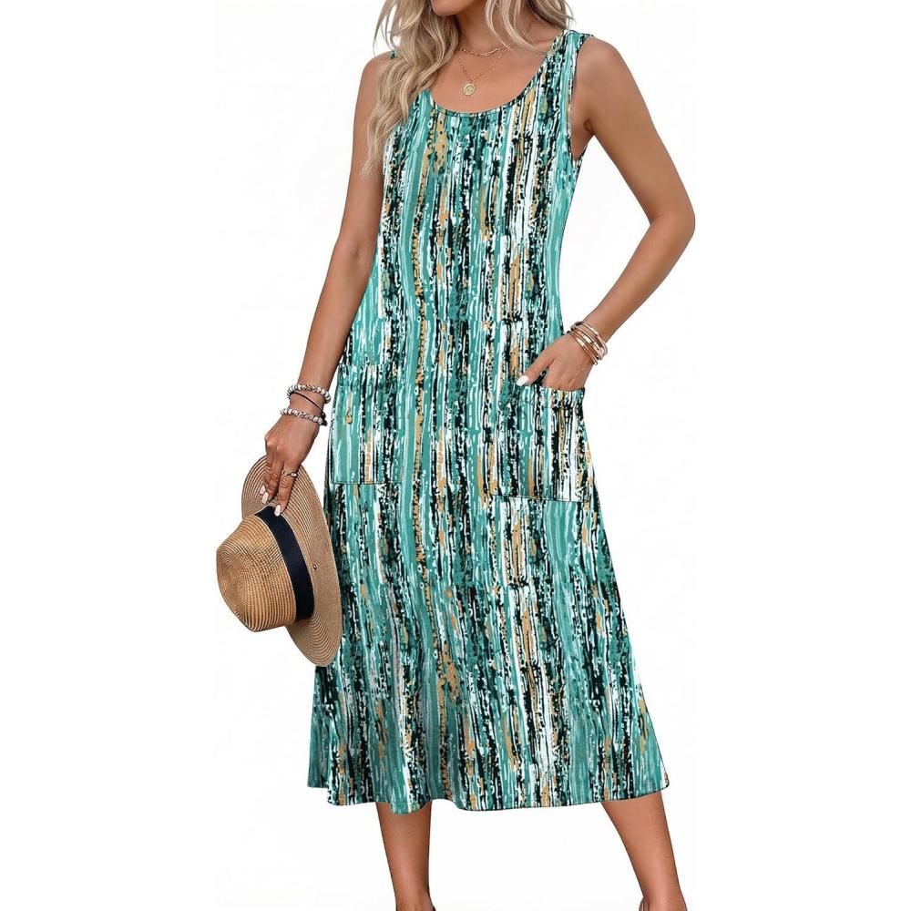 imageZeagoo Womens Summer Midi Dresses 2026 Casual Sleeveless Tank Sundresses A Line Crewneck Beach Vacation Dress with PocketsGreencx259