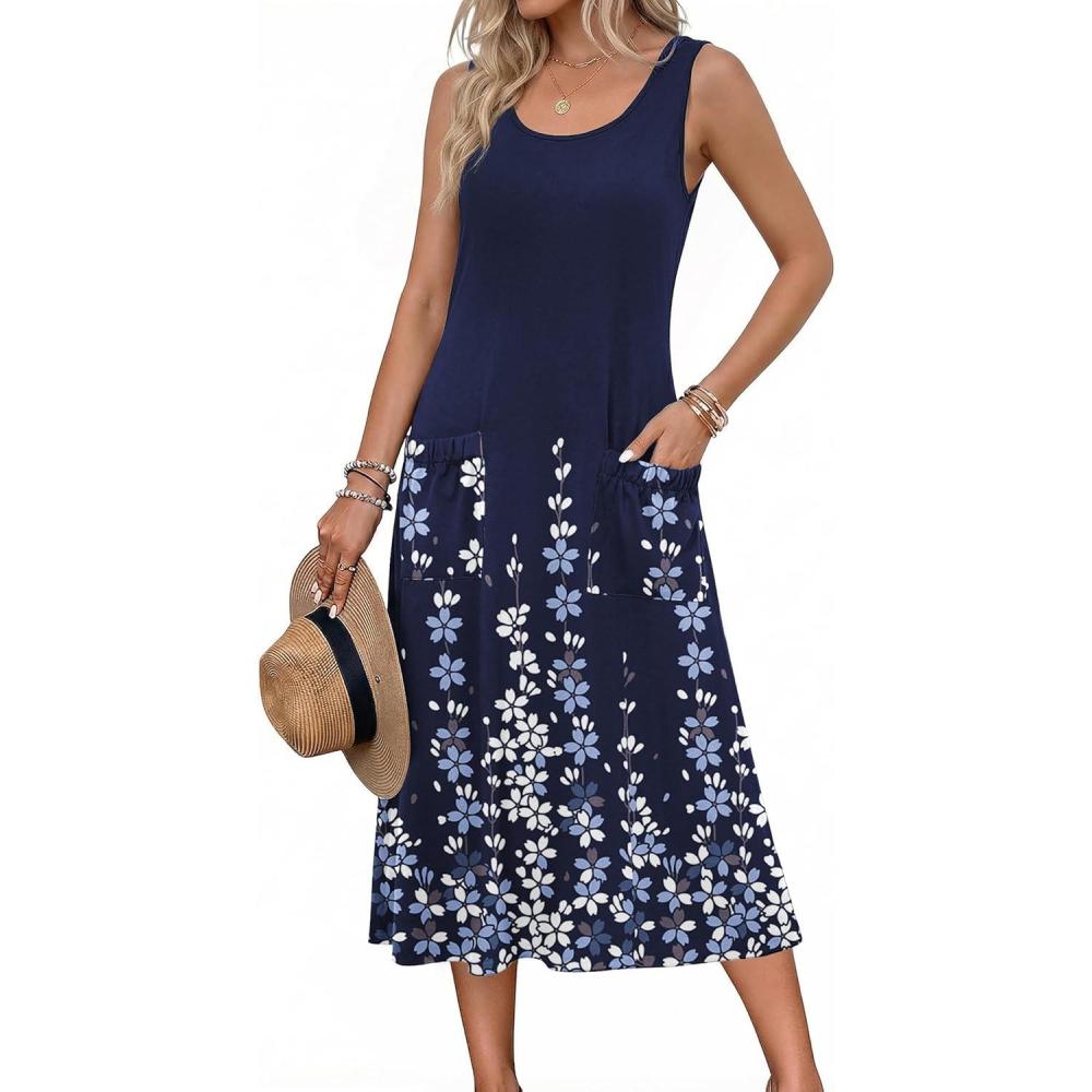 imageZeagoo Womens Summer Midi Dresses 2026 Casual Sleeveless Tank Sundresses A Line Crewneck Beach Vacation Dress with PocketsNavy Blue Floralsf119