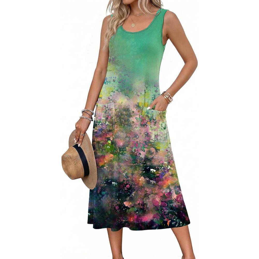 imageZeagoo Womens Summer Midi Dresses 2026 Casual Sleeveless Tank Sundresses A Line Crewneck Beach Vacation Dress with PocketsOil Paintingcx322
