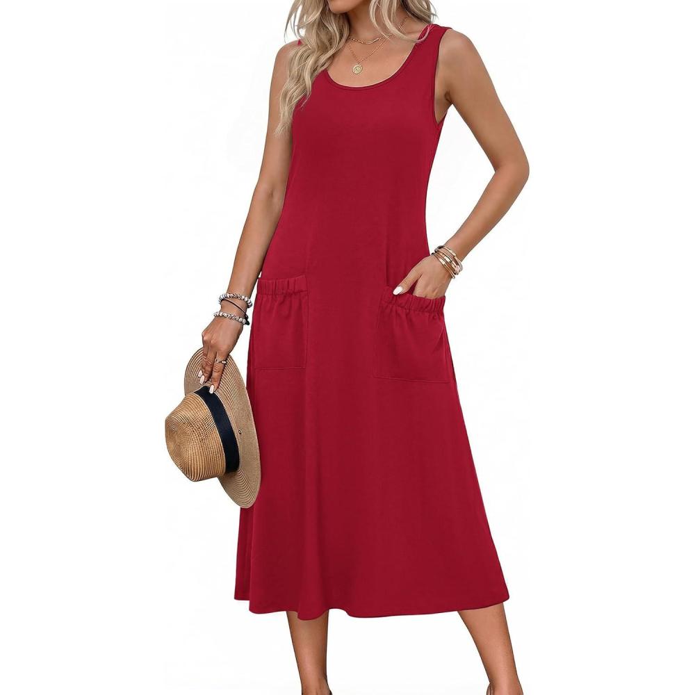 imageZeagoo Womens Summer Midi Dresses 2026 Casual Sleeveless Tank Sundresses A Line Crewneck Beach Vacation Dress with PocketsRedtr