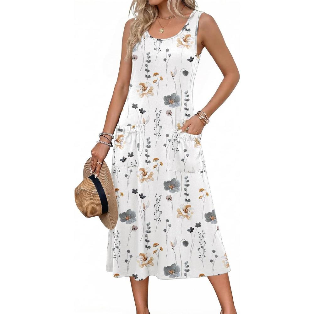 imageZeagoo Womens Summer Midi Dresses 2026 Casual Sleeveless Tank Sundresses A Line Crewneck Beach Vacation Dress with PocketsWhite Floraldh6