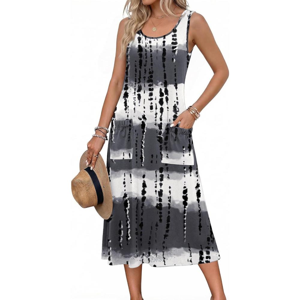 imageZeagoo Womens Summer Midi Dresses 2026 Casual Sleeveless Tank Sundresses A Line Crewneck Beach Vacation Dress with PocketsWhiteblack Patternzr231