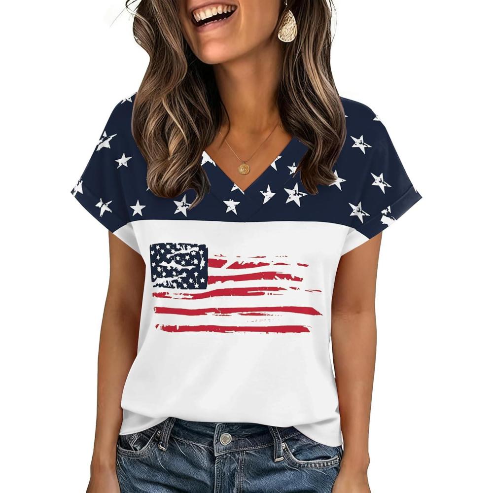 imageZeagoo Womens Summer Tops Rolled Short Sleeve V Neck Shirts Casual Dressy Business Work Blouses OutfitsFlaggq39