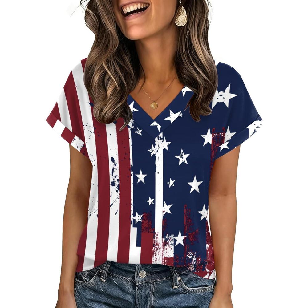 imageZeagoo Womens Summer Tops Rolled Short Sleeve V Neck Shirts Casual Dressy Business Work Blouses OutfitsFlaggq41