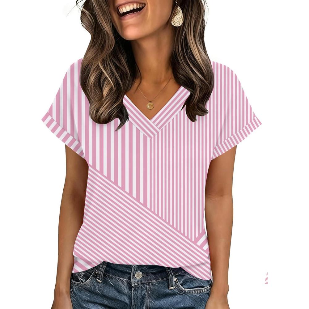 imageZeagoo Womens Summer Tops Rolled Short Sleeve V Neck Shirts Casual Dressy Business Work Blouses OutfitsPink Stripestz300