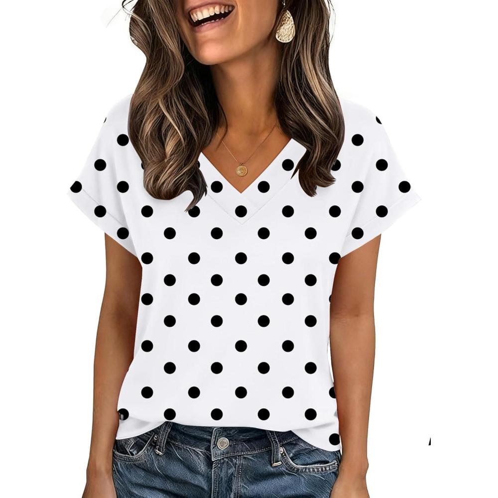 imageZeagoo Womens Summer Tops Rolled Short Sleeve V Neck Shirts Casual Dressy Business Work Blouses OutfitsPolka Dotjh592