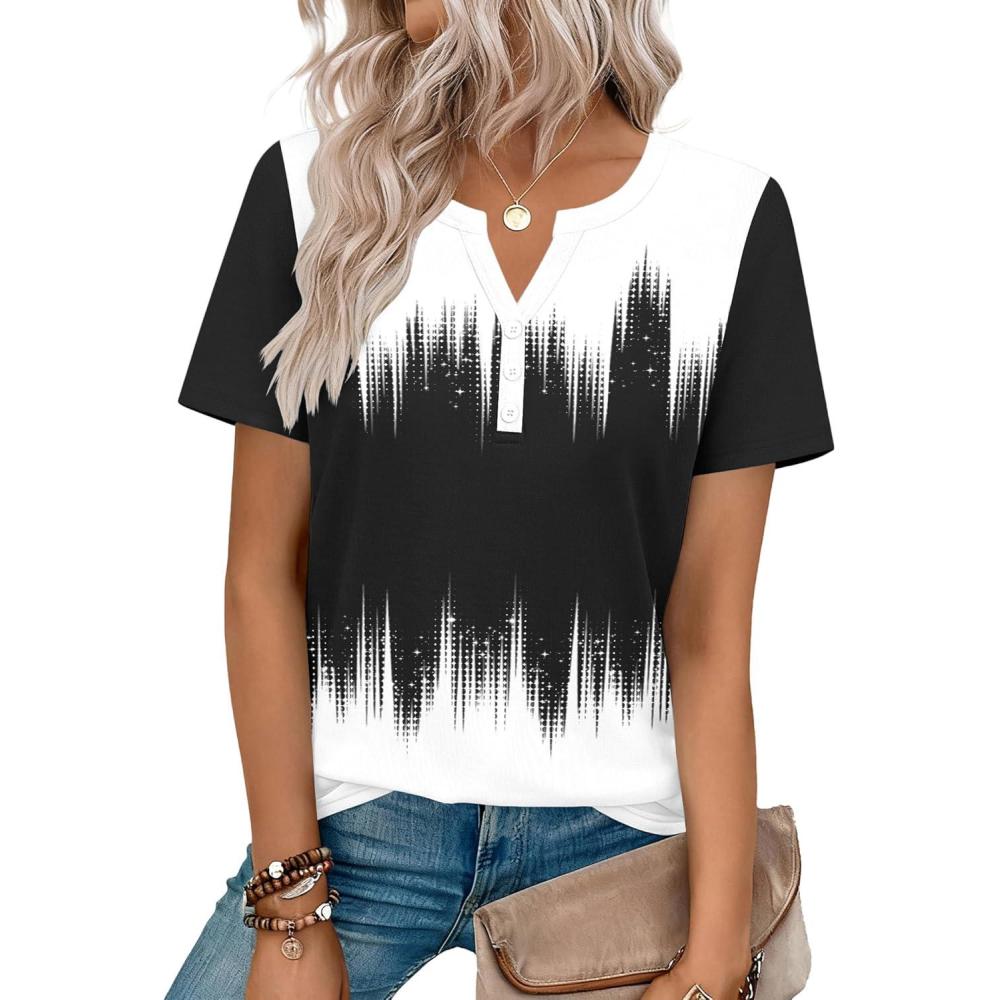 imageZeagoo Womens Summer Tops V Neck Short Sleeve Shirts Dressy Casual Blouse Spring Vacation Tshirts ClothesBlack White Gradient