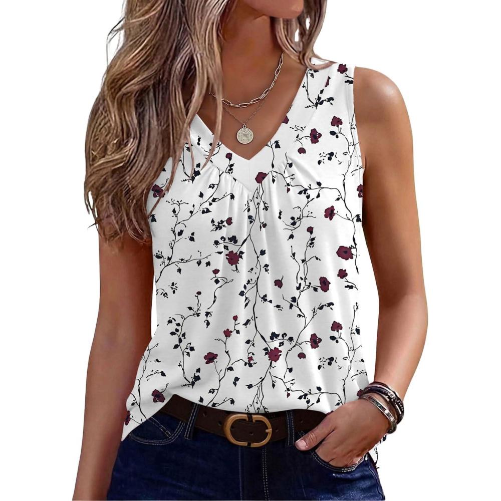 imageZeagoo Womens Tank Tops Summer Sleeveless Loose Fit Tops V Neck Pleated Shirts Basic Tees Dressy Casual Trendy ClothesSf224white Flower