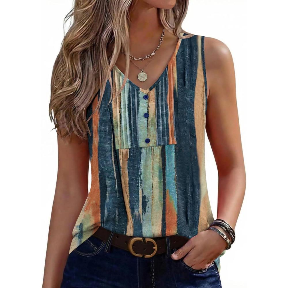 imageZeagoo Womens Tank Tops Summer Sleeveless Pleated V Neck Tunic Shirts Loose Casual Button Flowy Boho Clothes S3XLPattern Cx289