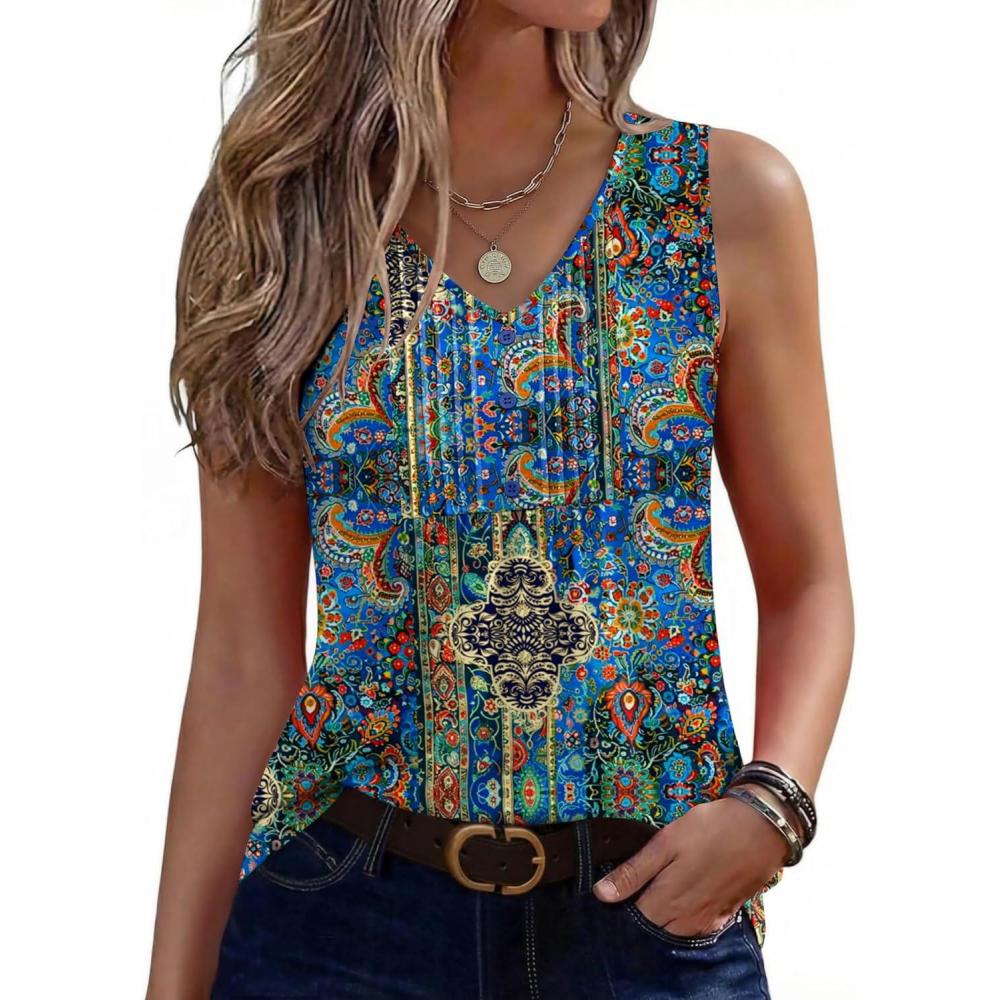 imageZeagoo Womens Tank Tops Summer Sleeveless Pleated V Neck Tunic Shirts Loose Casual Button Flowy Boho Clothes S3XLPattern Mz779