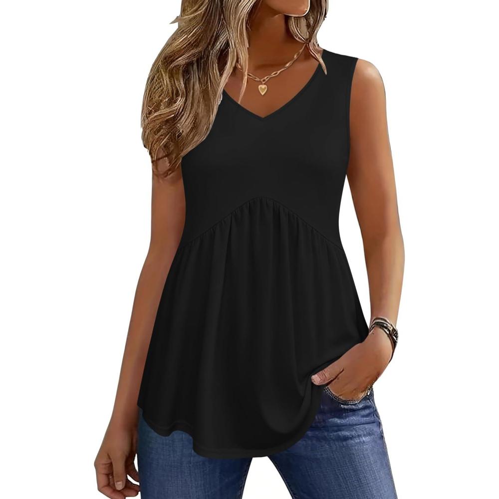 imageZeagoo Womens Tops 2026 Flowy Peplum Summer V Neck Babydoll Tank Top Casual Beach Vacation ClothesBlack