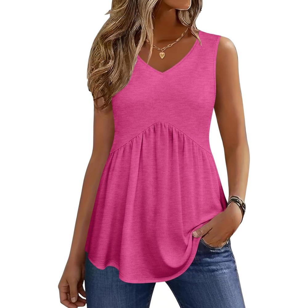 imageZeagoo Womens Tops 2026 Flowy Peplum Summer V Neck Babydoll Tank Top Casual Beach Vacation ClothesRose Red